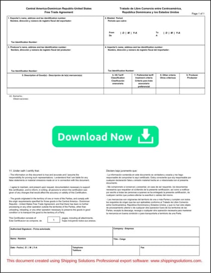 CAFTA Certificate of Origin Download Now