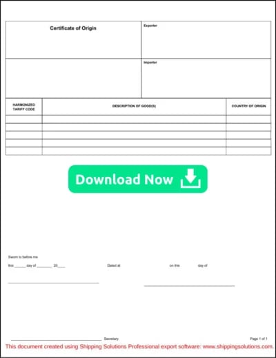 Generic Certificate of Origin Download Now