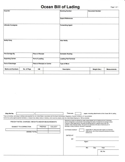 Ocean Bill of Lading 400x518px