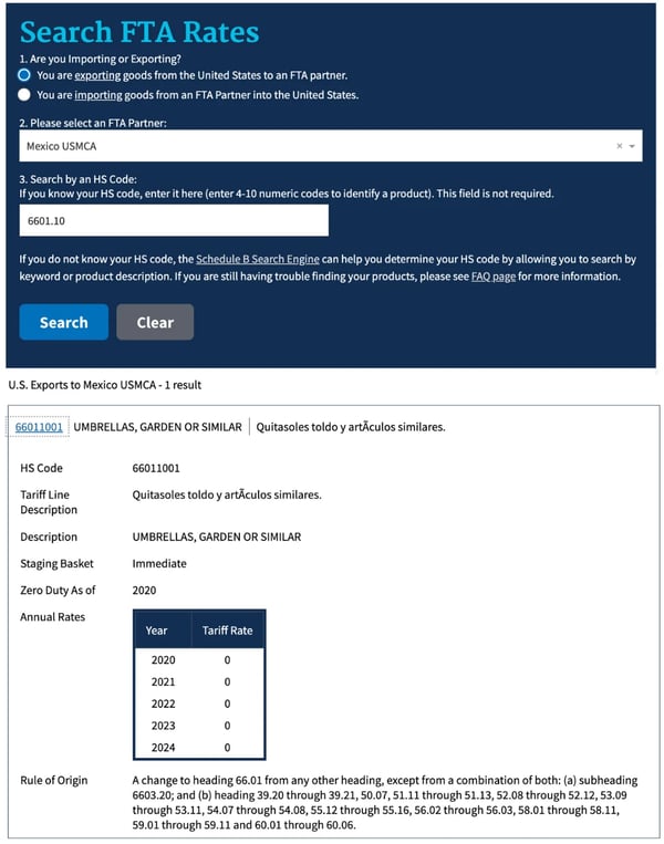 Search FTA Rates