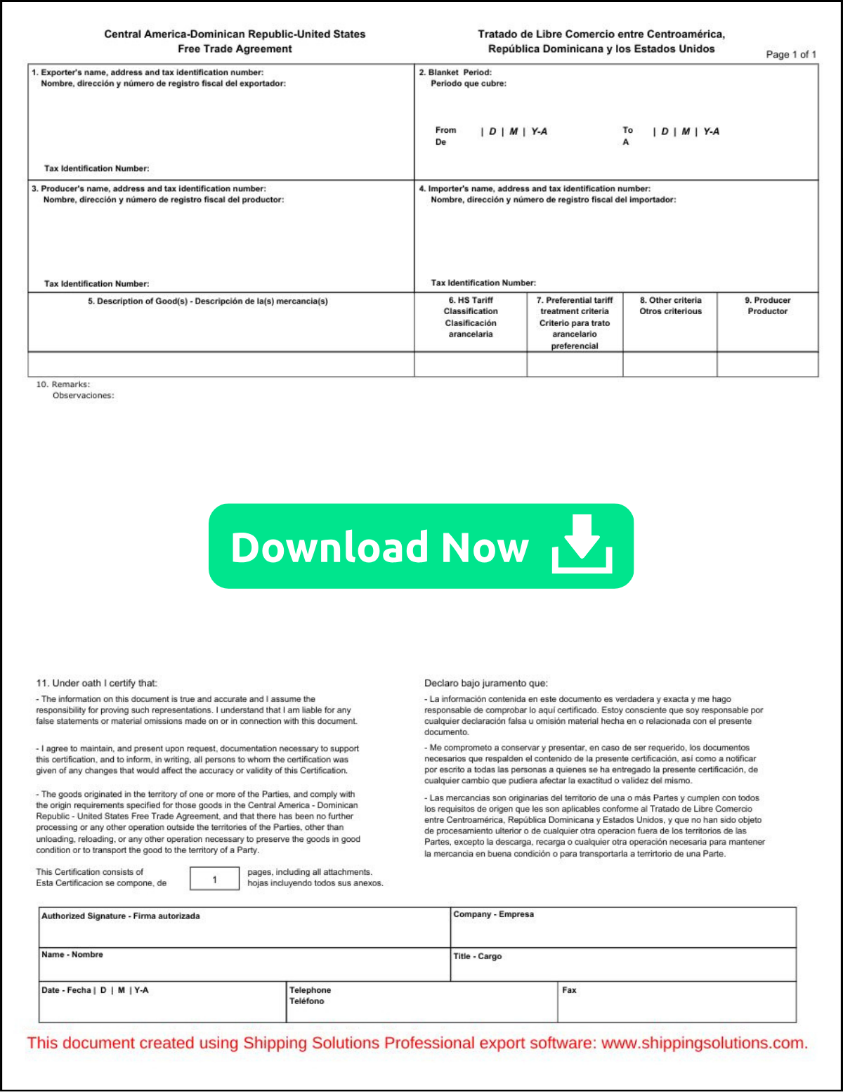 CAFTA Certificate of Origin | Download Now