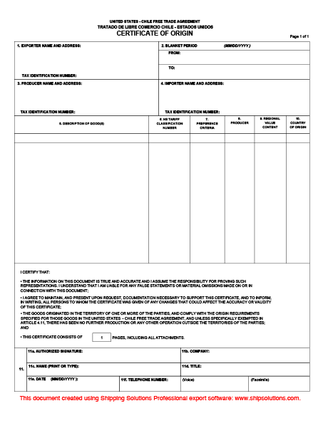 US-Chile FTA Certificate of Origin | Shipping Solutions