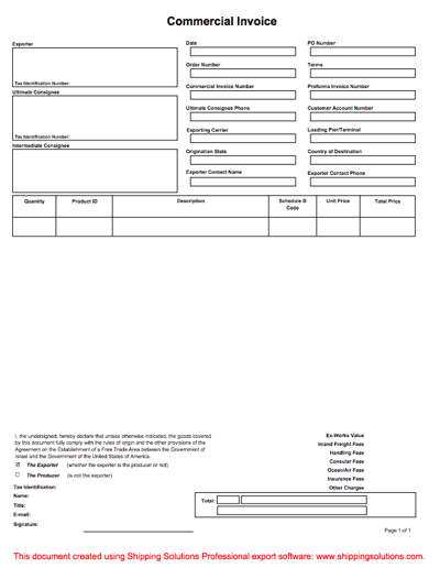 Commercial Invoice for Exports to Israel