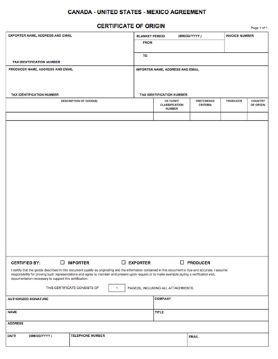 CUSMA Certificate of Origin - English