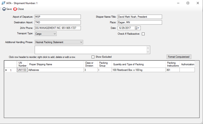 The IATA Dangerous Goods Screen in Shipping Solutions export documentation software