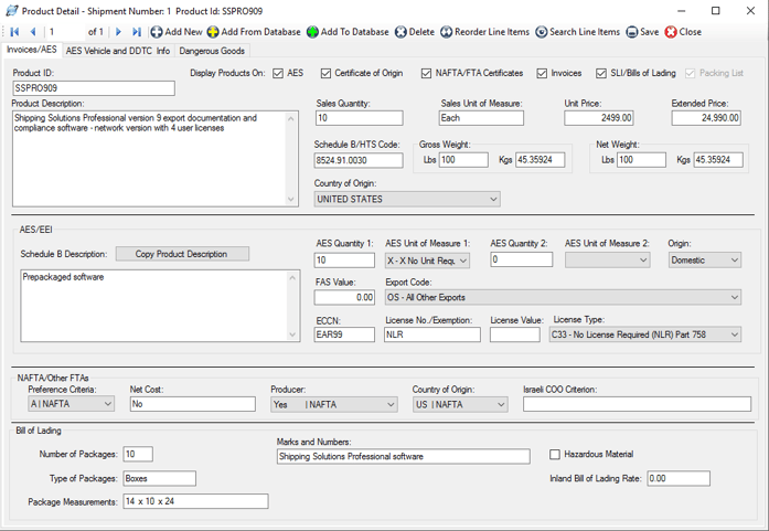 The Product Detail screen in Shipping Solutions export documentation software