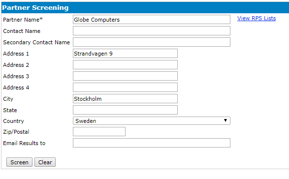 Restricted Party Screening Trade Wizard - data entry screen