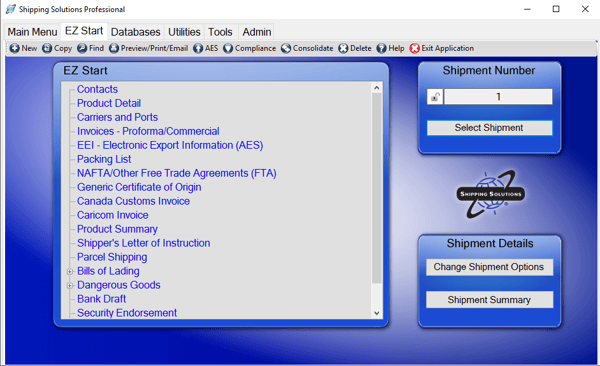 Shipping Solutions Professional's EZ Start screen